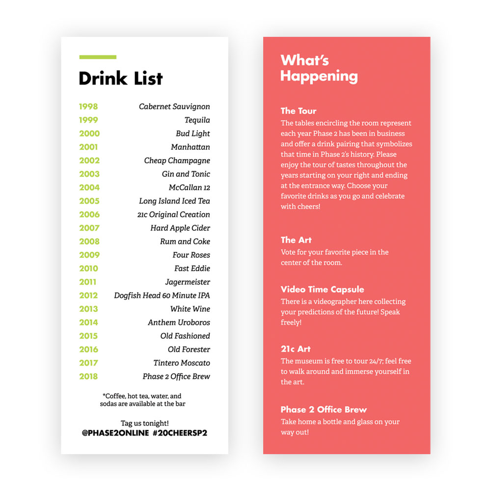 Drink list at Phase 2 software Devlopment's 20 year anniversary